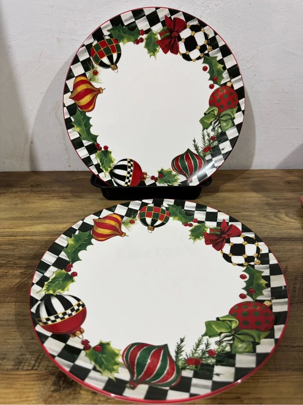 Festive Holiday Ornament Dinner Plates - Red, Green, Black 2 large plates